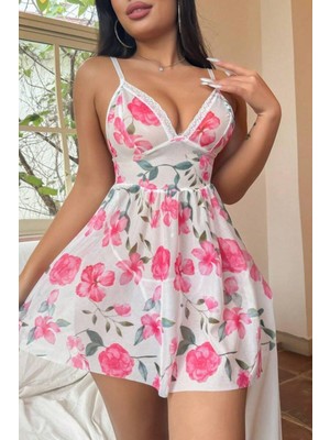 Eilo Luxe Pembe Çiçek Desenli Dantel Detaylı Gecelik 15706 - AA002C-67QPB9