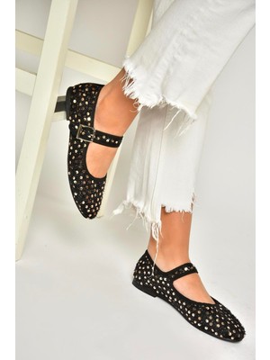 Fox Shoes U725675504 Siyah/altın Kumaş Pullu Kadın Babet