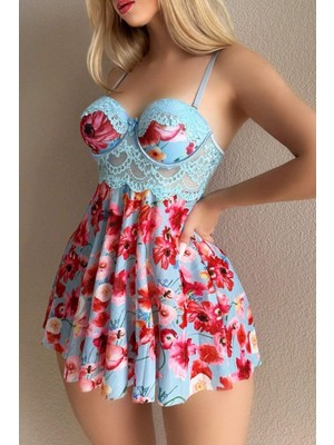 Eilo Luxe Mavi Rüya Gecesi Çiçekli Askılı Mini Gecelik 15628 - AA002C-67QP75