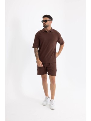 Comstar Erkek Basic Polo Yaka Tişört Şort Kahve Ikili Takım