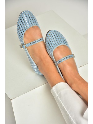 Fox Shoes U726634504 Mavi Kot Kumaş Taş Detaylı Kadın Babet