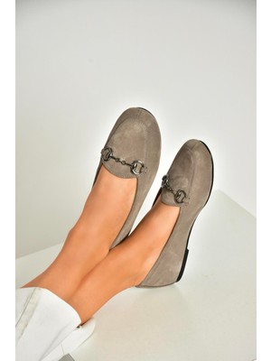 Fox Shoes R667001402 Gri Hakiki Deri Süet Kadın Babet