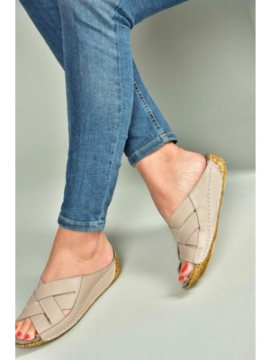 Fox Shoes U555123403 Vizon Hakiki Deri Kadın Terlik