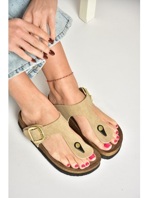 Fox Shoes U777917002 Bej Süet Parmak Arası Kadın Terlik