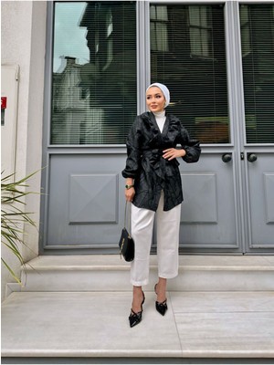 Comstar Kadın Bel Bağlamalı Tonik Uzun Siyah Ceket