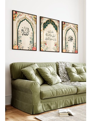 KutuTR Siyah Çerçeveli 2d Uv Baskı 3’lü Mdf Tablo Set – Çiçek Motifli Mihrap Temalı-Siyah CRV1203