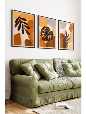 KutuTR Siyah Çerçeveli 2d Uv Baskı 3’lü Mdf Tablo–toprak Tonlarında Botanik Yaprak Deseni-Siyah CRV1248