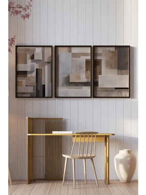KutuTR Siyah Çerçeveli 2d Uv Baskı 3’lü Mdf Tablo Set – Modern Soyut Geometrik Desen- Siyah CRV1242