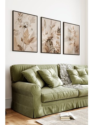 KutuTR Siyah Çerçeveli 2d Uv Baskı 3’lü Mdf Tablo-Toprak Tonlarında Soft Yaprak Çiçek Desenli-Siyah CRV1119