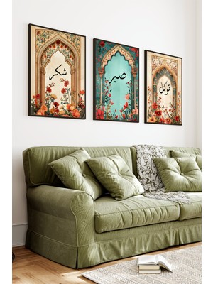 KutuTR Siyah Çerçeveli 2d Uv Baskı 3’lü Mdf Tablo Set – Çiçekli Mihrap Temalı-Siyah CRV1081