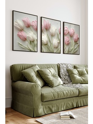 KutuTR Siyah Çerçeveli 2d Uv Baskı 3’lü Mdf Tablo Set–kabartma Görünümlü Çiçek ve Lale Temalı-Siyah CRV1025