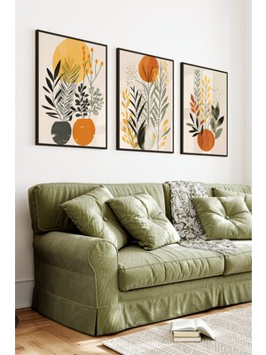 KutuTR Siyah Çerçeveli 2d Uv Baskı 3’lü Mdf Tablo Set – Turuncu Güneş ve Yaprak Deseni- Siyah CRV1158