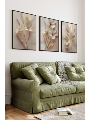 KutuTR Siyah Çerçeveli 2d Uv Baskı 3’lü Mdf Tablo Set –çiçek ve Buğday Başakları Temalı-Siyah CRV1039