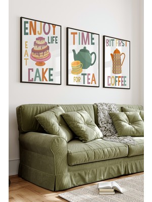 KutuTR Siyah Çerçeveli 2d Uv Baskı 3’lü Mdf Tablo Set – Kahve ve Çay Temalı Yazılı Tasarım- Siyah CRV1048