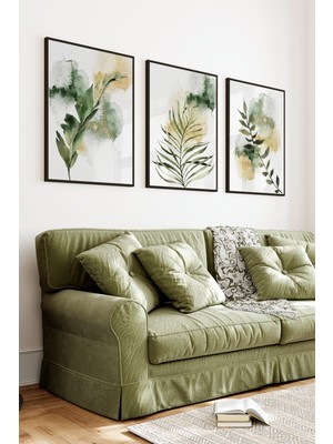 KutuTR Siyah Çerçeveli 2d Uv Baskı 3’lü Mdf Tablo Set – Yeşil Yaprak ve Suluboya Doğa Temalı-Siyah CRV1102