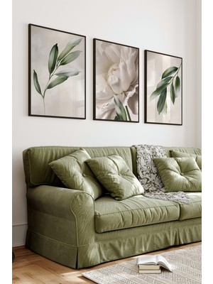 KutuTR Siyah Çerçeveli 2d Uv Baskı 3’lü Mdf Tablo Set – Beyaz Çiçek ve Yeşil Yaprak Temalı-Siyah CRV1034