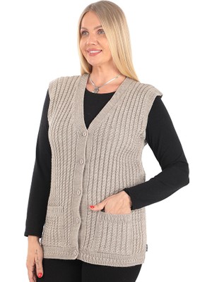 Kadın V Yaka Kışlık Kalın Yün Saç Örgü Modelli Triko Düğmeli Cepli Anne Yelek