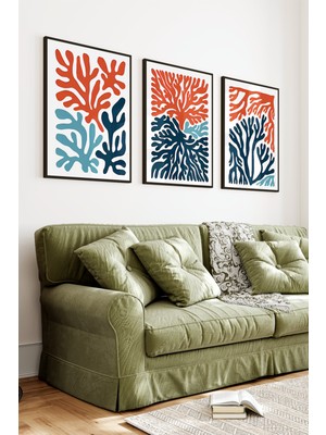 KutuTR Siyah Çerçeveli 2d Uv Baskı 3’lü Mdf Tablo Set – Modern Soyut Mercan Deseni- Siyah CRV1249