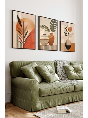 KutuTR Siyah Çerçeveli 2d Uv Baskı 3’lü Mdf Tablo Set – Modern Boho Vazo ve Yaprak Temalı- Siyah CRV1059
