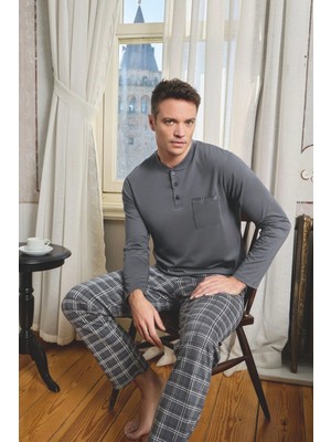 Pijamoni Erkek Pamuklu Ekose Gömlek Yaka Düğmeli Gri Pijama Takımı