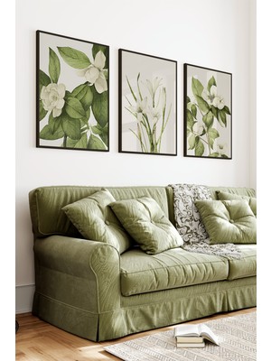 KutuTR Siyah Çerçeveli 2d Uv Baskı 3’lü Mdf Tablo Set – Yeşil Yapraklı Beyaz Çiçek Deseni - Siyah CRV1157