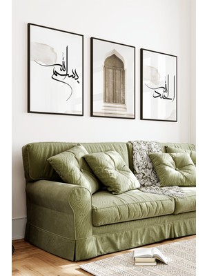 KutuTR Siyah Çerçeveli 2d Uv Baskı 3’lü Mdf Tablo –mimari Kapı Detaylı Minimal Islami Tasarım-Siyah CRV1199