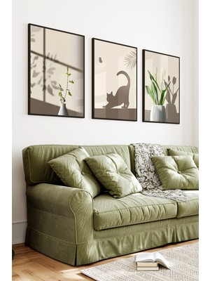 KutuTR Siyah Çerçeveli 2d Uv Baskı 3’lü Mdf Tablo Set–gölge Kedi ve Bitki Temalı Duvar Dekoru-Siyah CRV1096