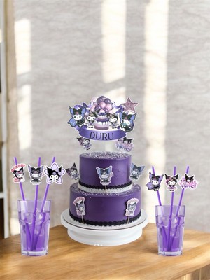 Sinem Gift Kuromi Pasta Süsü - Kuromi Konseptli Doğum Günü - Kuromili 6 Adet Pipet- Kuromili Pasta Süsü