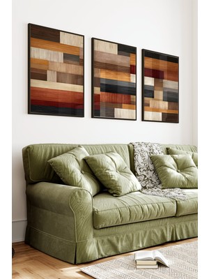KutuTR Siyah Çerçeveli 2d Uv Baskı 3’lü Mdf Tablo Set – Ahşap Dokulu Geometrik Modern Desen- Siyah CRV1250