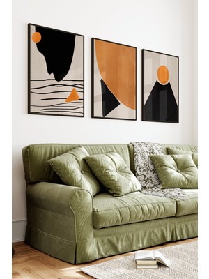 KutuTR Siyah Çerçeveli 2d Uv Baskı 3’lü Mdf Tablo Set – Modern Geometrik Soyut Desen-Siyah CRV1146