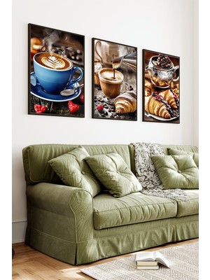 KutuTR Siyah Çerçeveli 2d Uv Baskı 3’lü Mdf Tablo Set – Kahve ve Tatlı Temalı - Siyah CRV1016