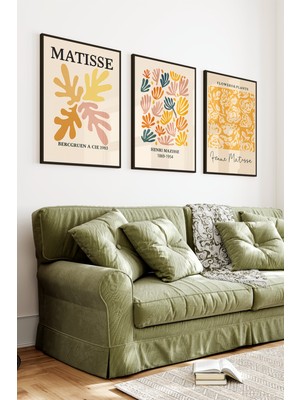 KutuTR Siyah Çerçeveli 2d Uv Baskı 3’lü Mdf Tablo Set – Matisse Tarzı Çiçek Desenli - Siyah CRV1164