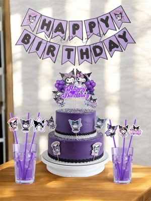 Sinem Gift Kuromi Pasta Süsü - Kuromi Banner - Kuromi Konseptli Doğum Günü - Kuromili 6 Adet Pipet