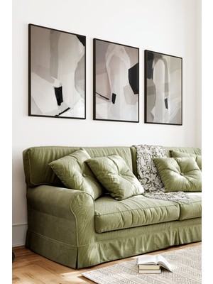 KutuTR Siyah Çerçeveli 2d Uv Baskı 3’lü Mdf Tablo Set – Siyah Beyaz Tüy ve Altın Çiçek Deseni-Siyah CRV1144