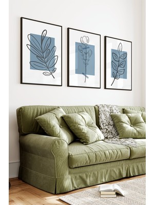 KutuTR Siyah Çerçeveli 2d Uv Baskı 3’lü Mdf Tablo Set – Minimal Çizgisel Bitki Deseni- Siyah CRV1251