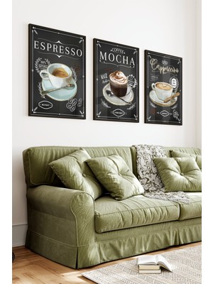 KutuTR Siyah Çerçeveli 2d Uv Baskı 3’lü Mdf Tablo Set – Siyah Zemin Üzerine Kahve Temalı- Siyah CRV1021