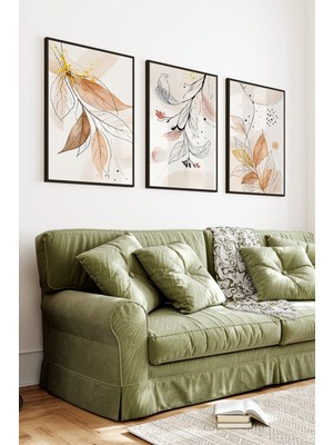 KutuTR Siyah Çerçeveli 2d Uv Baskı 3’lü Mdf Tablo Set – Yaprak ve Doğa Desenli- Siyah CRV1174