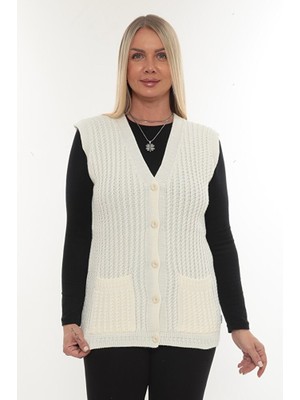 Kadın V Yaka Kışlık Kalın Yün Saç Örgü Modelli Triko Düğmeli Cepli Anne Yelek