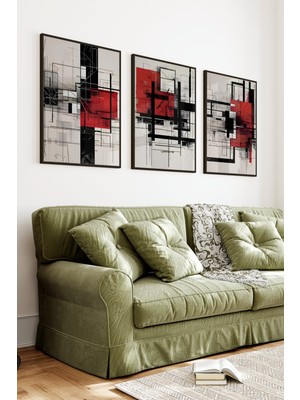 KutuTR Siyah Çerçeveli 2d Uv Baskı 3’lü Mdf Tablo Set – Kırmızı Siyah Soyut Geometrik Desen - Siyah CRV1244