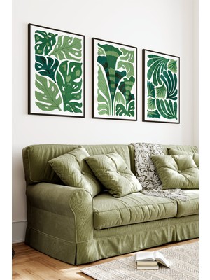 KutuTR Siyah Çerçeveli 2d Uv Baskı 3’lü Mdf Tablo Set – Yeşil Yaprak Botanik Desen- Siyah CRV1243