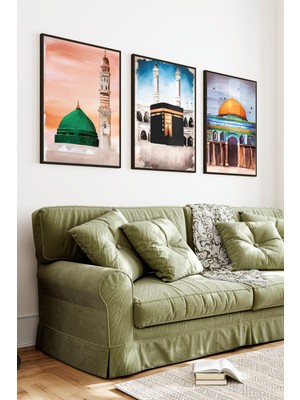 KutuTR Siyah Çerçeveli 2d Uv Baskı 3’lü Mdf Tablo Set – Kâbe Mescid-I Nebevi Kubbetü’s-Sahra-Siyah CRV1232