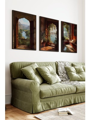 KutuTR Siyah Çerçeveli 2d Uv Baskı 3’lü Mdf Tablo Set – Oryantal Pencere ve Doğa Manzarası- Siyah CRV124