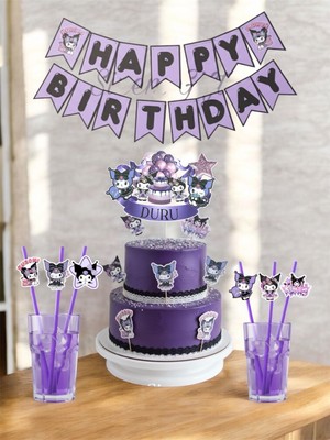 Sinem Gift Kuromi Pasta Süsü - Kuromi Banner - Kuromi Konseptli Doğum Günü - Kuromili 6 Adet Pipet