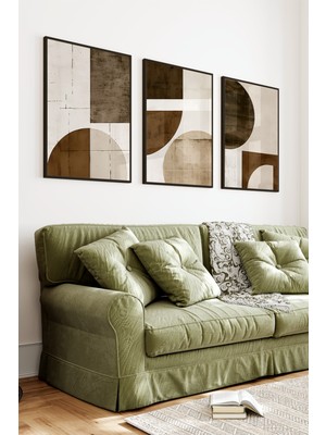 KutuTR Siyah Çerçeveli 2d Uv Baskı 3’lü Mdf Tablo Set–kahverengi Tonlarda Geometrik Desen - Siyah CRV1154