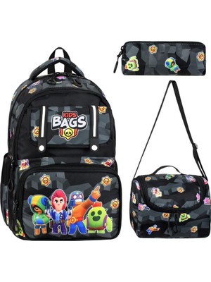 Baginn Ilkokul Çantası Kids Bag 3'lü Set 42*30 cm Beslenme Çantası Kalem Kutusu Ortopedik Erkek Çocuk