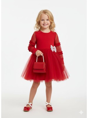Magu Kız Çocuk Pamuklu Kırmızı Tüllü Kabarık Elbise - Tül Kol Volan Detaylı Fiyonk Aplikeli