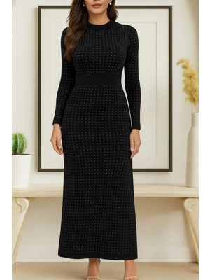 Livizmir Moda Kadın Uzun Kollu Bisiklet Yaka Taşlı Midi Kadife Elbise