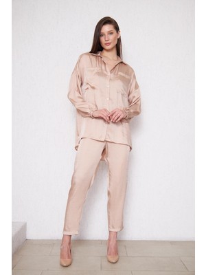 Comstar Kadın Oversize Gömlek Beli Lastikli Pantolon Bej Ikili Takım