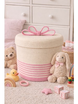 Kapaklı Hasır Sepet - Çocuk Odası Fiyonk Detaylı Dekoratif Düzenleme Kutusu