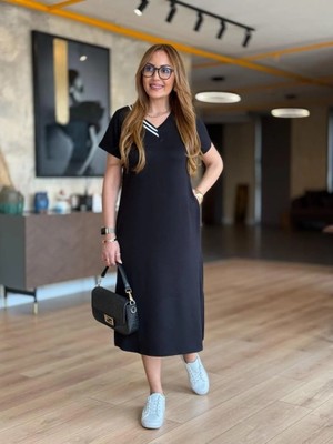 Livizmir Moda Kadın Kısa Kollu V Ribana Yakalı Yırtmaçlı Midi Viskon Iki Iplik Elbise